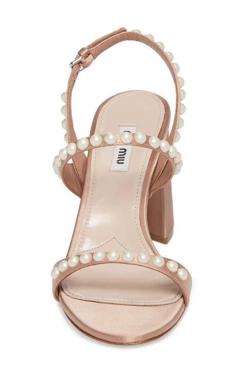 miu miu faux pearl embellished satin sandals
